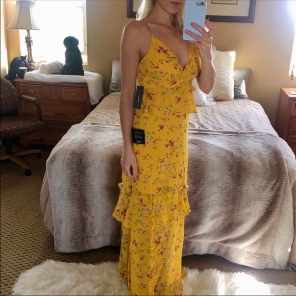 LULU’S Sexy Long Yellow Floral Chiffon Maxi Dress - Picture 3 of 6